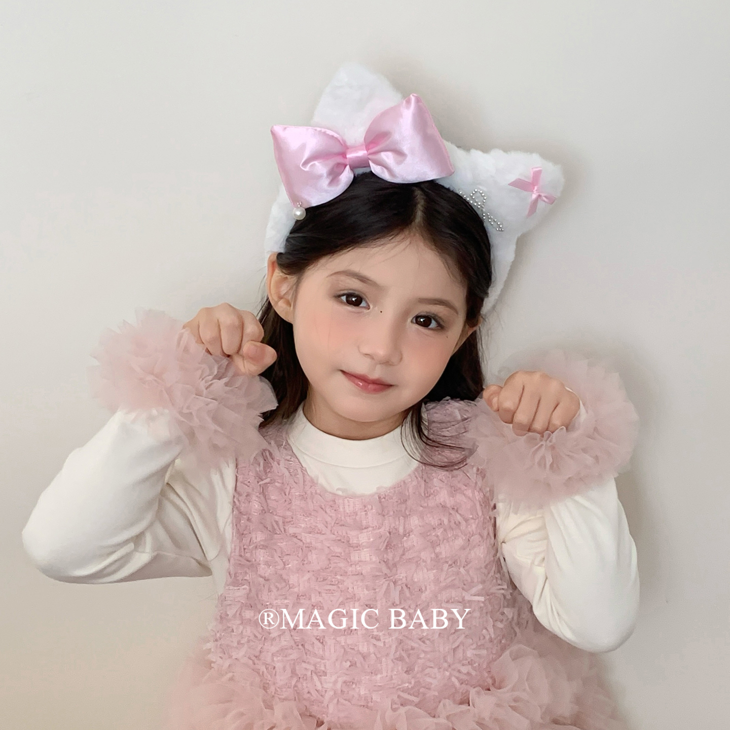 超萌可爱毛绒粉色蝴蝶结猫咪发箍