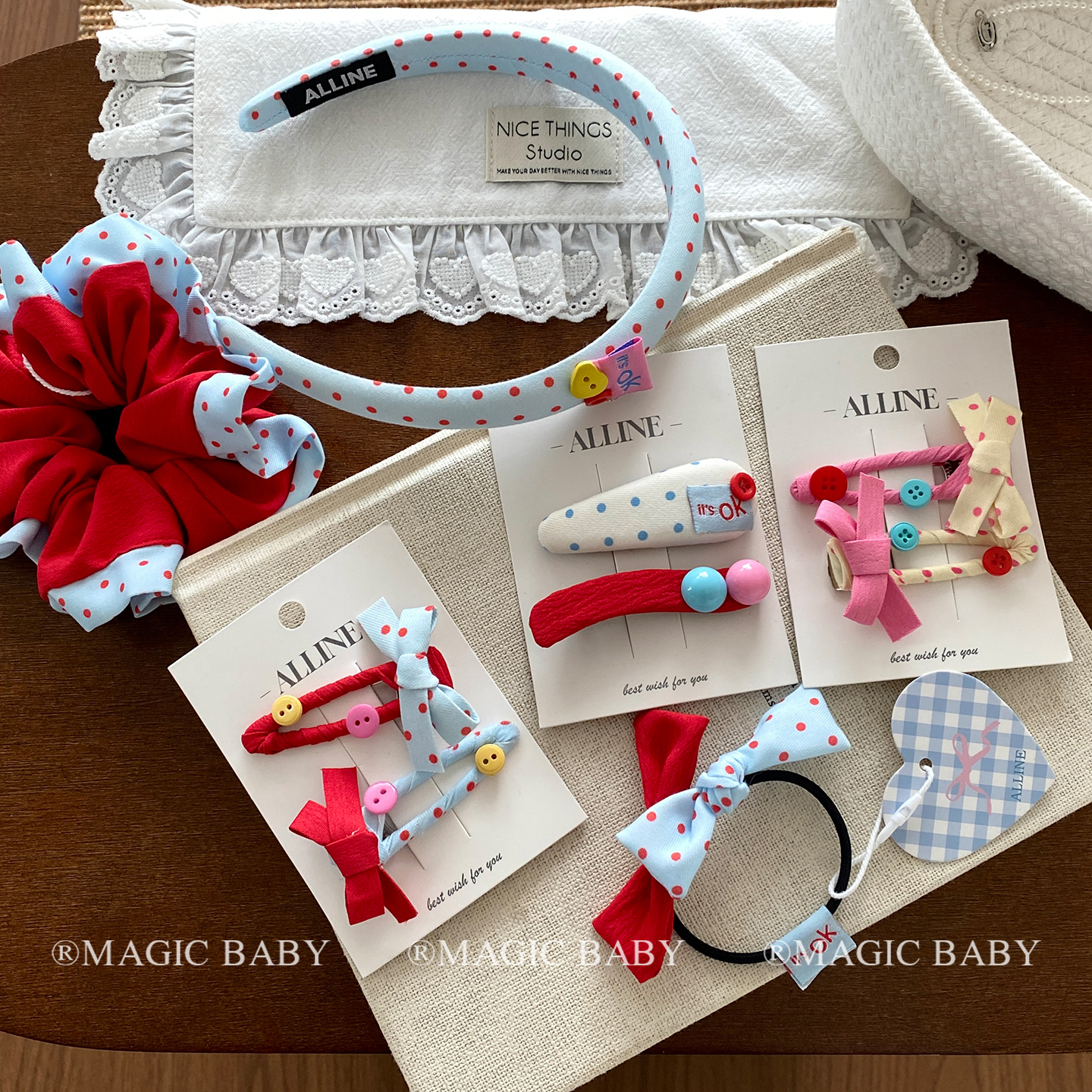 红蓝波点蝴蝶结头饰儿童大肠发圈