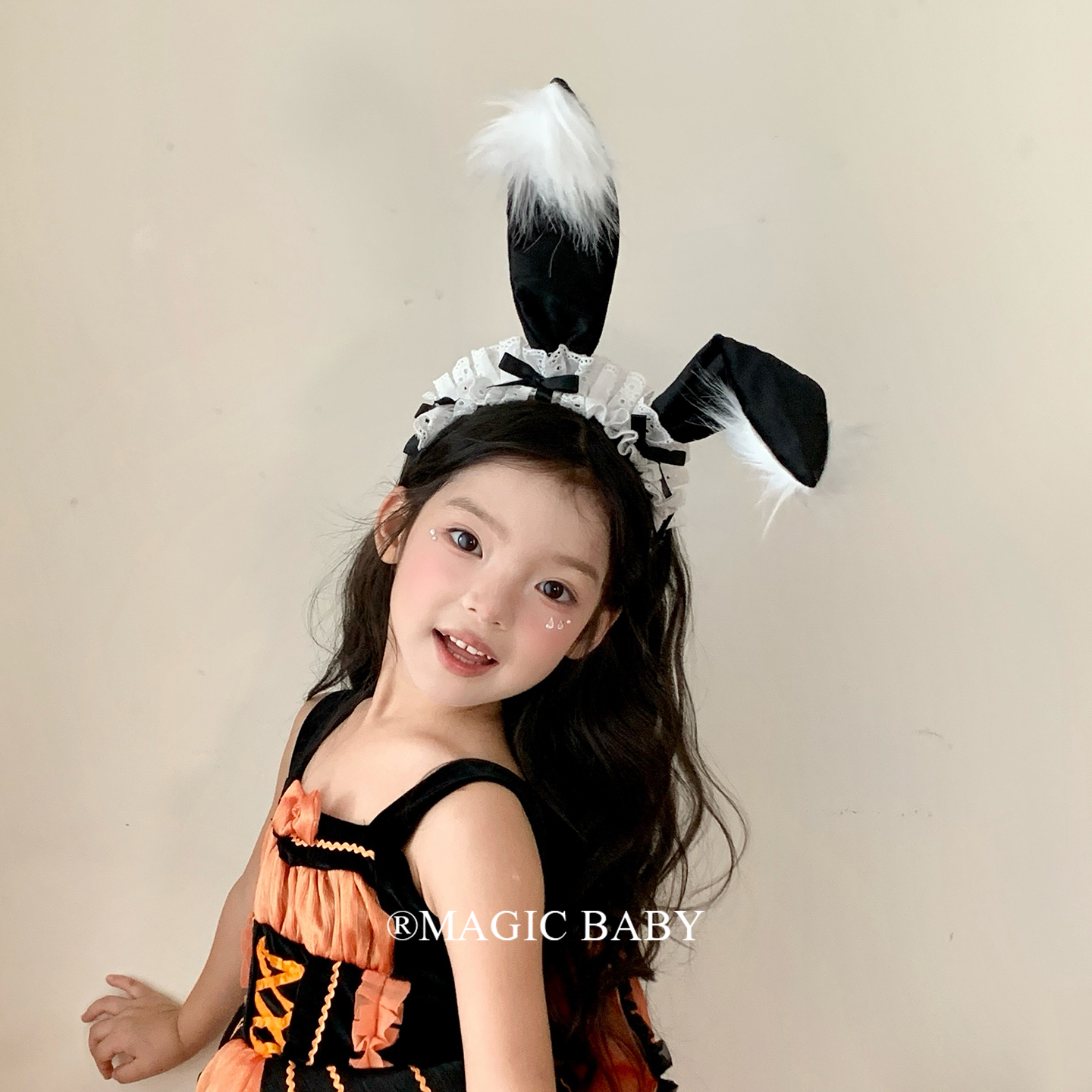 黑色蕾丝蝴蝶结兔耳朵发箍儿童甜美立体毛绒万圣节头饰cos发饰女