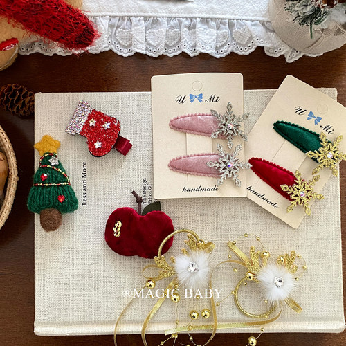 圣诞节系列头饰丝绒雪花发夹可爱圣诞树小苹果夹子宝宝发卡头绳