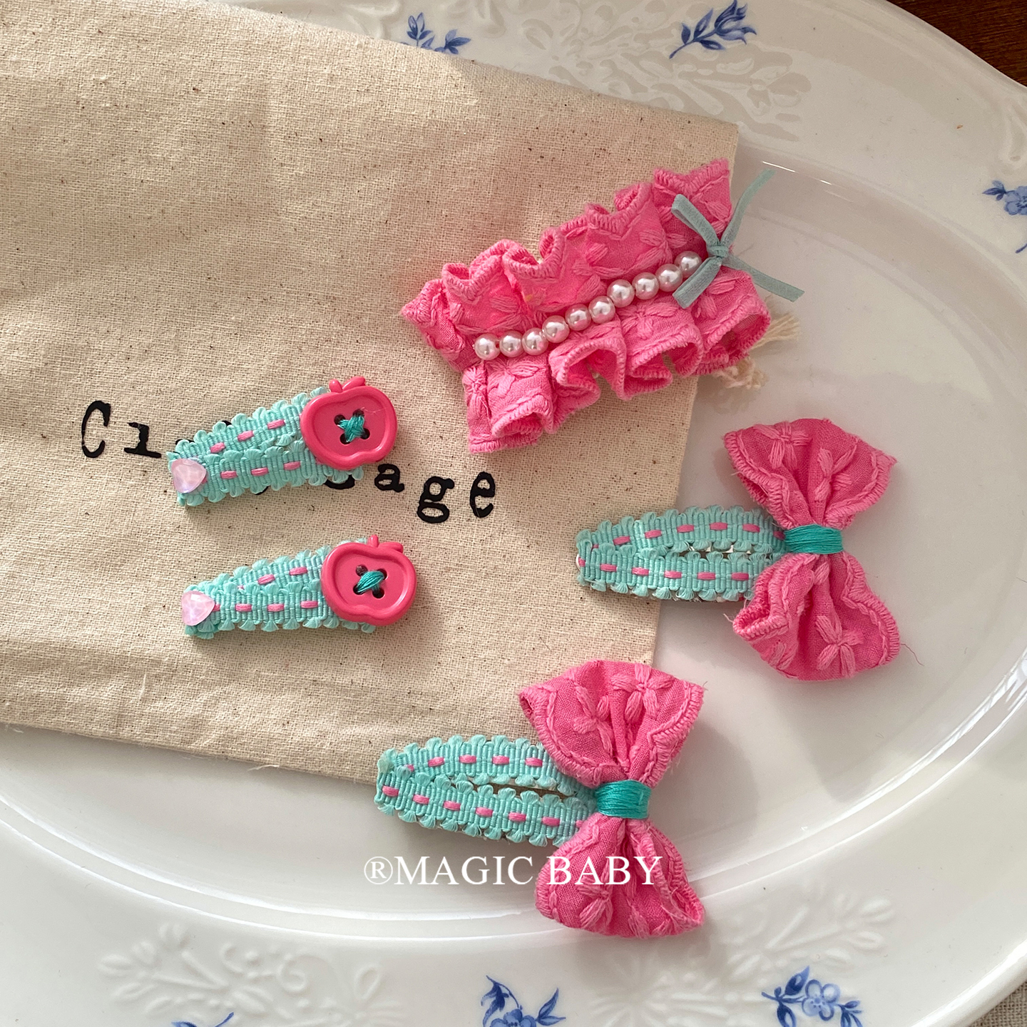 小清新粉绿撞色蝴蝶结发夹侧边夹