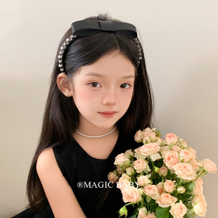 重工黑色缎面蝴蝶结水钻发箍儿童精致公主压发发卡高级感头箍发饰