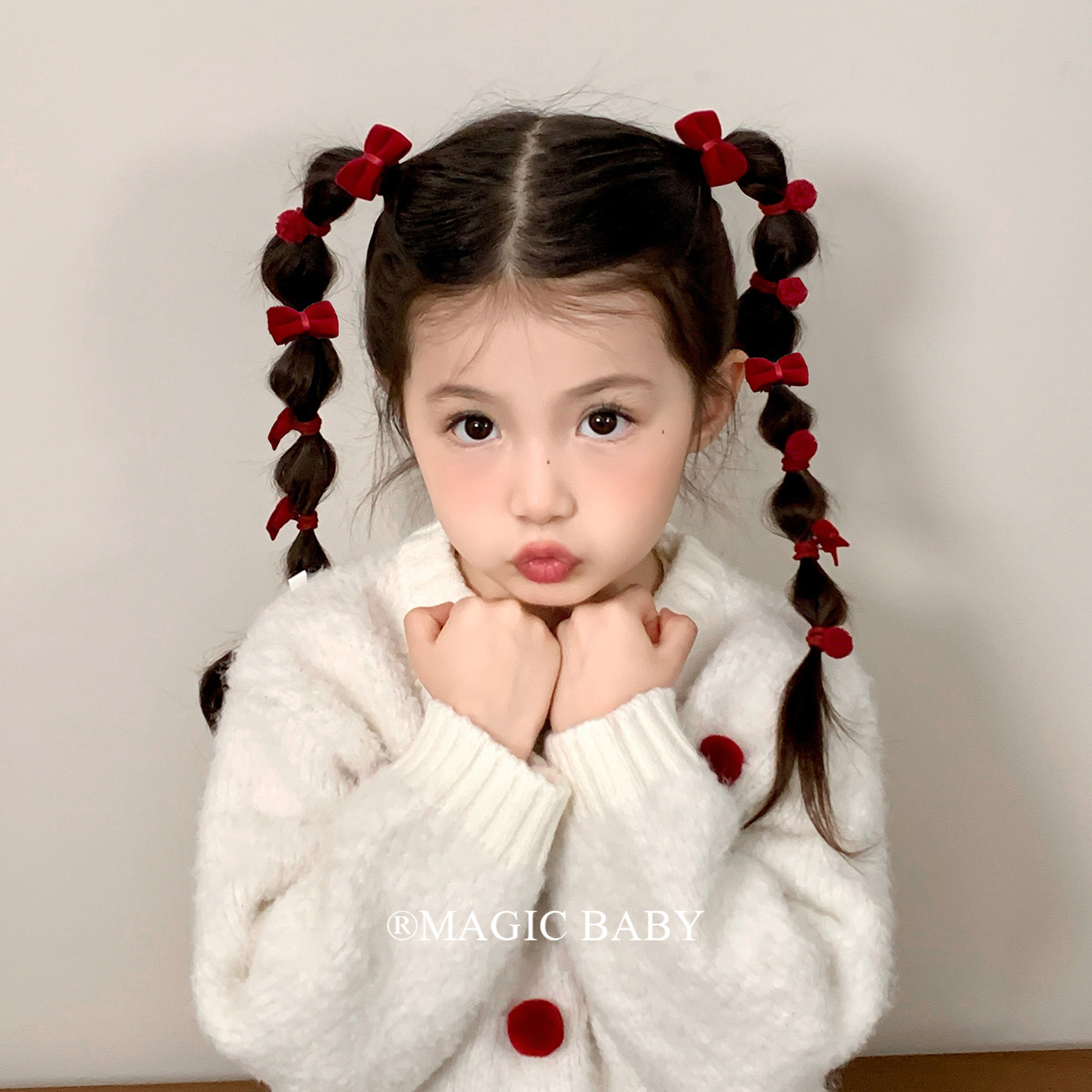 6个装 红色小号蝴蝶结毛球发圈儿童发绳女童新年头绳皮筋过年发饰