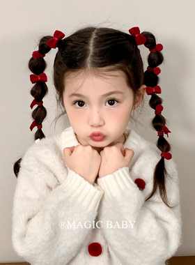 6个装 红色小号蝴蝶结毛球发圈儿童发绳女童新年头绳皮筋过年发饰