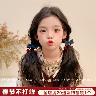 韩系牛仔蝴蝶结樱桃发绳女童发饰新年发圈洋气夹子头饰儿童头绳