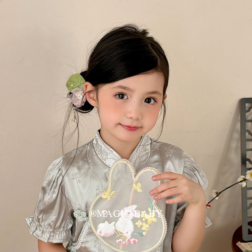 儿童新中式头饰夏日莲花珍珠流苏发夹女童古风汉服夹子六一发饰