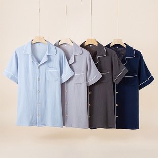 夏季男士纯棉纱布单件睡衣薄款短袖上衣日系简约家居服上装可外穿