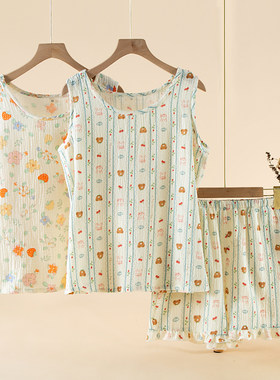 夏季纯棉背心短裤家居服套装宽松