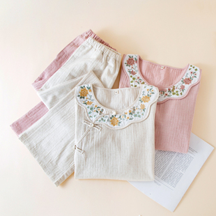 新中式刺绣棉麻睡衣女春秋季亚麻长袖家居服套装国风可外穿休闲