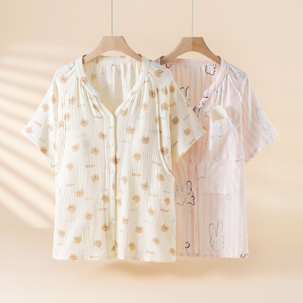 夏季带胸垫哺乳上衣薄款纯棉纱布单件月子服孕妇产后喂奶睡衣大码