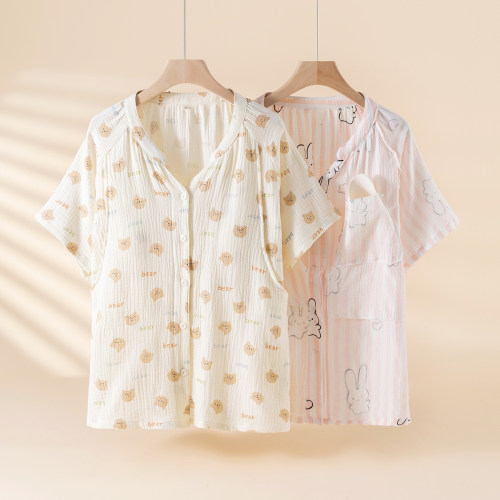 带胸垫纯棉哺乳短袖上衣开衫宽松