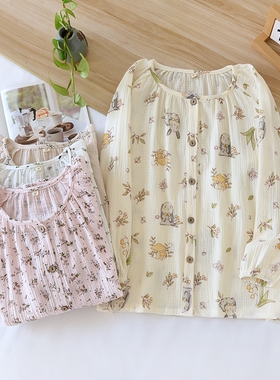 圆领长袖上衣家居服纯棉纱布印花薄款开衫女单件睡衣春秋季可外穿