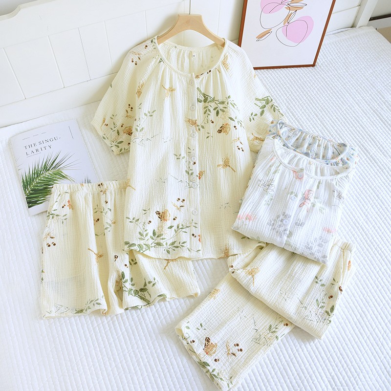 春夏秋季纯棉纱布三件套睡衣女圆领薄款短袖短裤家居服长袖可外穿