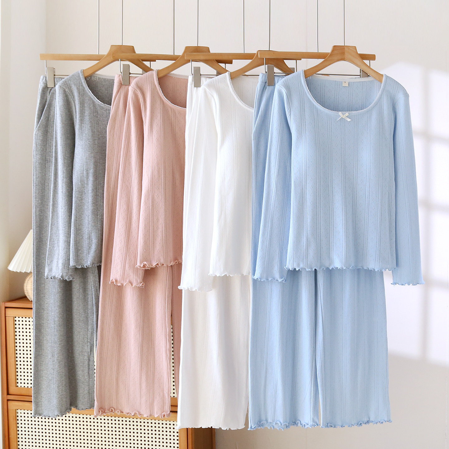 简约纯色带胸垫睡衣女针织纯棉套头长袖套装春秋甜美家居服可外穿,女士内衣/男士内衣/家居服,睡衣/家居服套装,淘宝优惠券,粉丝福利购,淘宝优惠卷