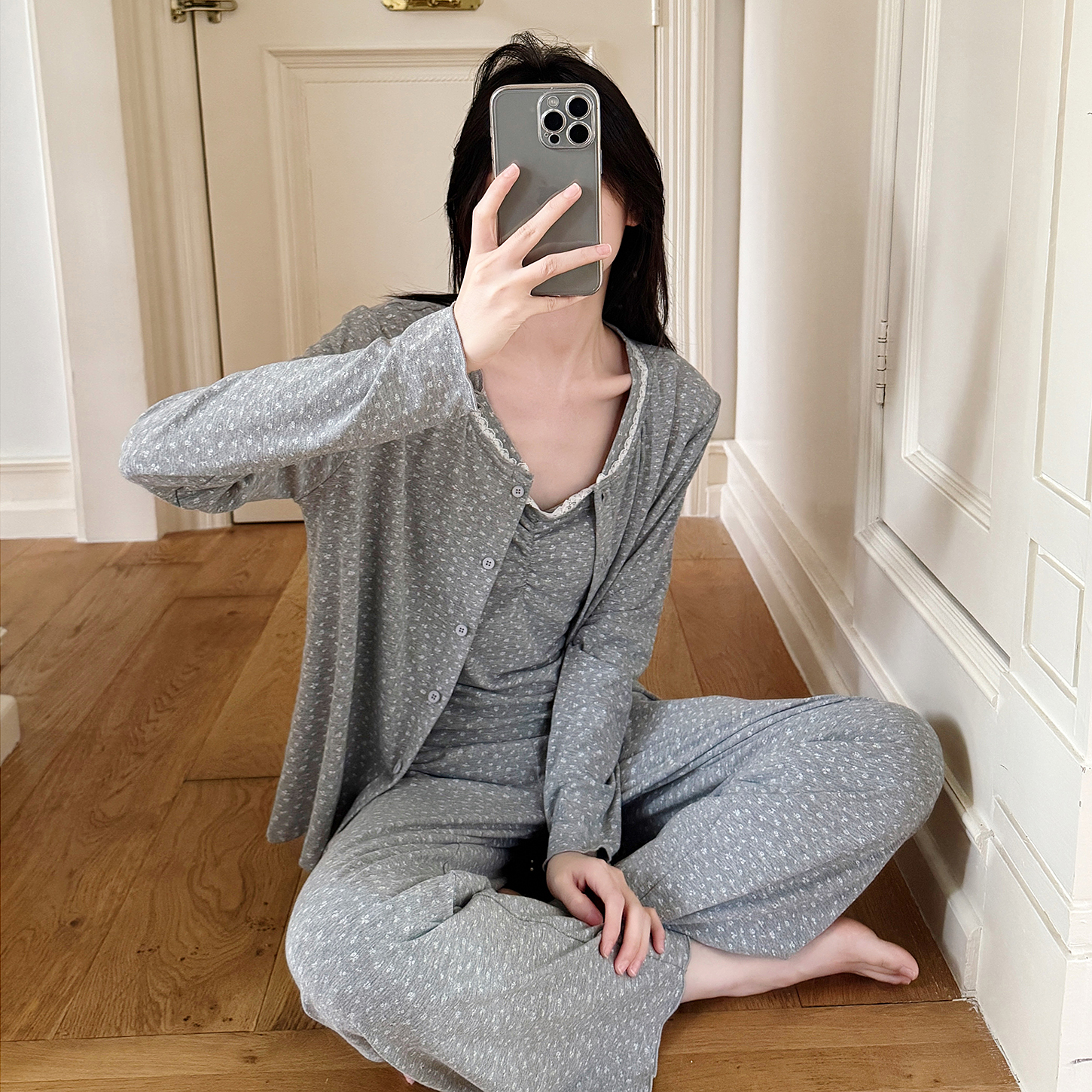 莫代尔带胸垫吊带睡衣三件套女长袖开衫家居服少女碎花春夏秋休闲