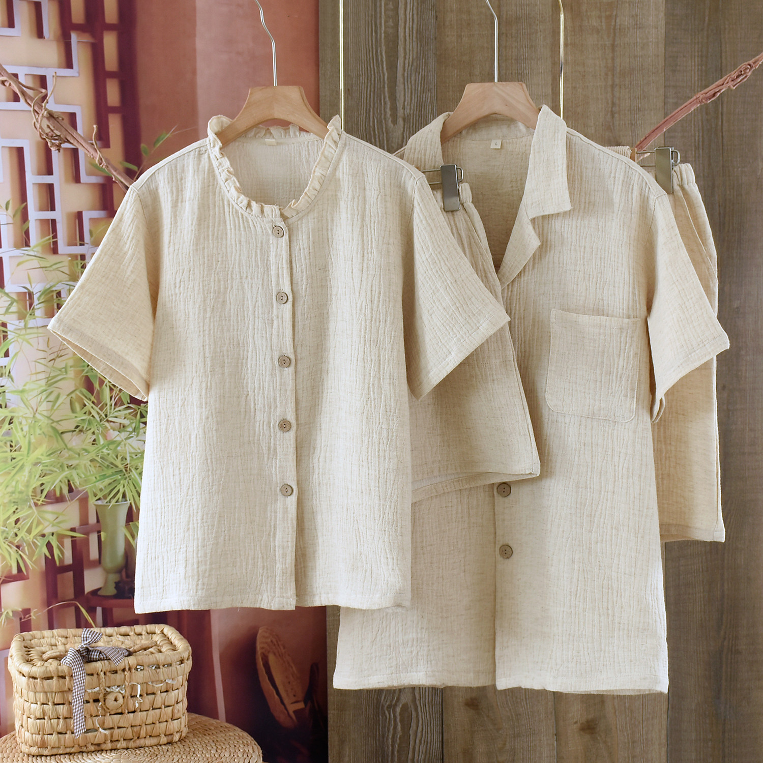 日系棉麻情侣睡衣夏季短袖开衫短裤套装薄款大码家居服男女宽松