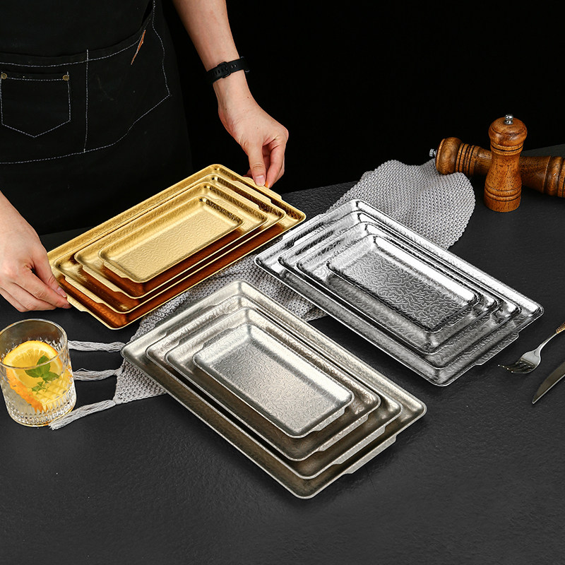 韩式不锈钢长方盘烧烤盘金色平底托盘锤印雪花盘小吃盘菜盘火锅盘,餐饮具,盘,淘宝优惠券,粉丝福利购,淘宝优惠卷