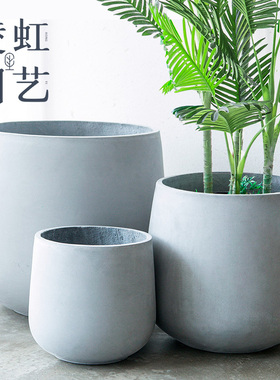圆形水泥花盆酒杯镁泥花盆大号绿植盆栽泥盆百合竹龙血树白色客厅