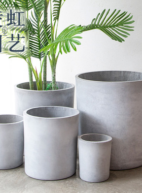 圆形水泥花盆大号镁泥花盆大口径INS北欧风白色黑色阳台客厅极简