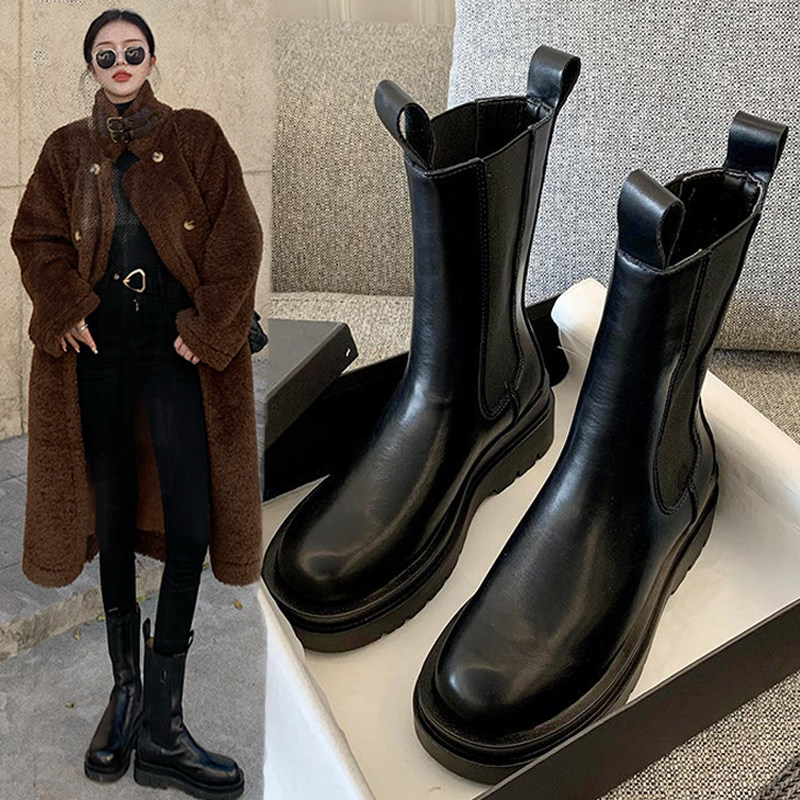 mona中筒靴厚底切尔西马丁靴女2021新款春秋烟筒英伦风百搭短靴