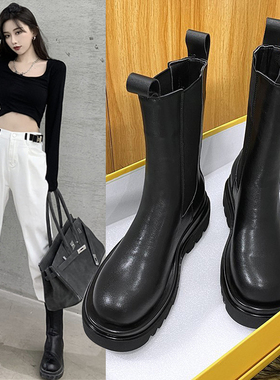 厚底皮靴切尔西短靴女马丁靴英伦风百搭中筒烟筒靴mona同款靴子女