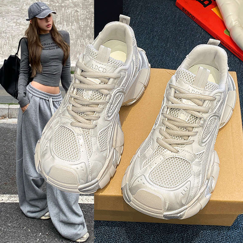 欧货复古厚底银擦色老爹鞋女2026年春季新款小个子增高休闲运动鞋
