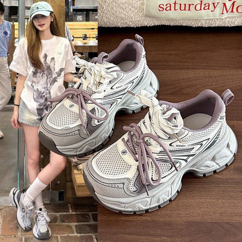 厚底老爹鞋女2026春季新款透气网面系带运动鞋增高超轻百搭休闲鞋