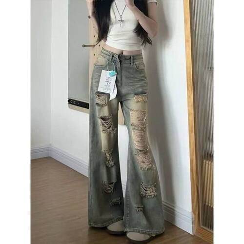 破洞牛仔裤女新款做旧高腰垂感大码胖mm宽松显瘦阔腿裤子