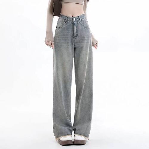 美式复古直筒高腰牛仔裤女2025新款做旧宽松显瘦辣妹毛边阔腿长裤