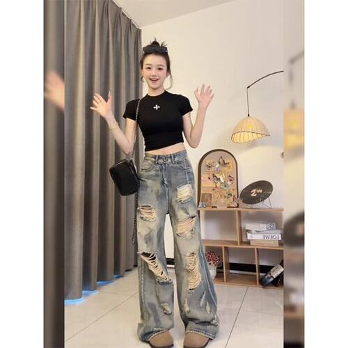 美式复古辣妹风扎染破洞牛仔裤女宽松拖地阔腿裤秋季新款慵懒长裤