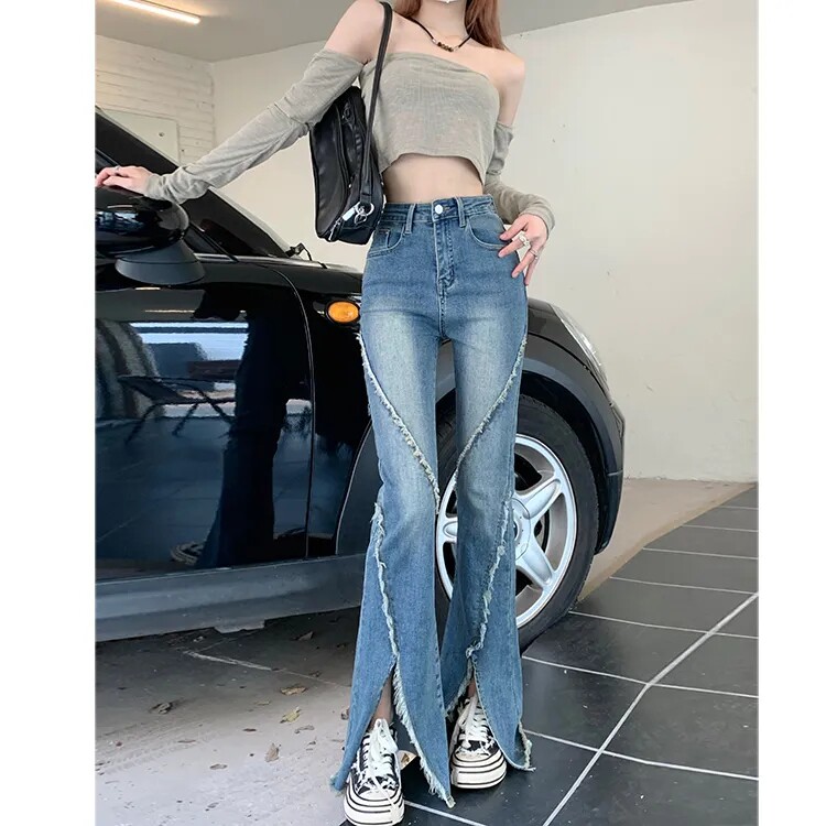 美式复古显瘦毛边微喇叭裤女春季新款高腰开叉牛仔裤阔腿长裤子潮