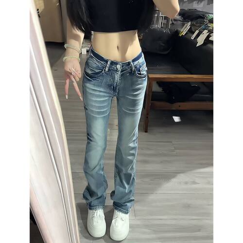美式复古猫须低腰直筒牛仔裤女秋冬款设计感做旧辣妹弹力直筒裤潮