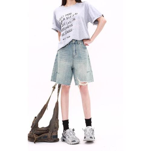 美式复古浅蓝色五分牛仔短裤女夏季新款高腰直筒破洞阔腿裤中裤子