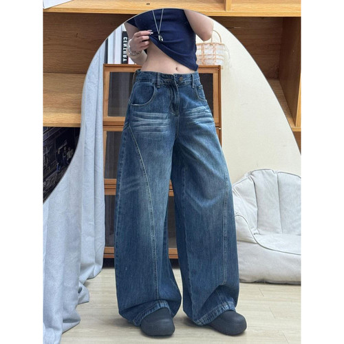 美式水洗阔腿弯刀牛仔裤女2026潮流新款高街宽松显瘦直筒镰刀裤子