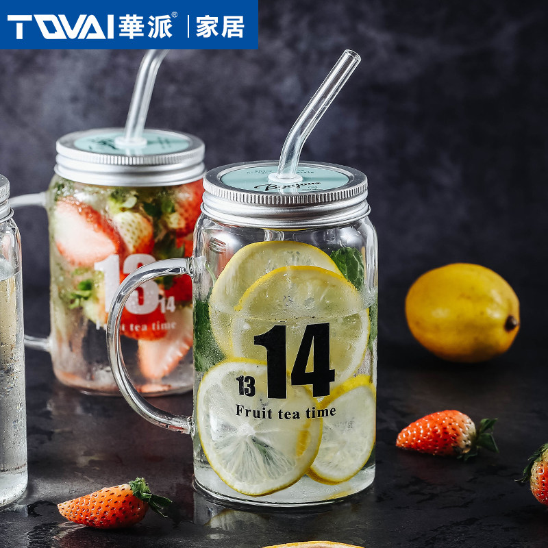 华派玻璃水杯 创意公鸡杯大容量玻璃杯带盖透明吸管果汁杯啤酒杯