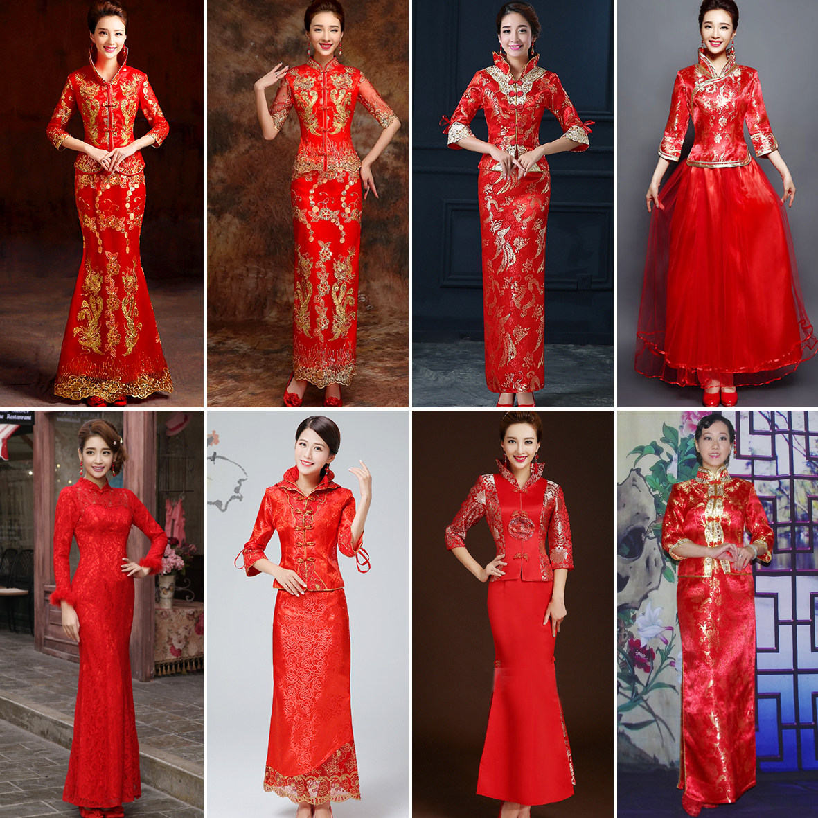 七分袖绣龙凤织绵缎鱼尾直摆两件套新娘红色结婚敬酒服立领长旗袍