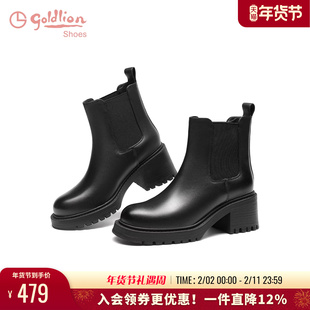 金利来女鞋秋冬新款真皮黑色中跟短靴英伦百搭通勤粗跟切尔西靴女