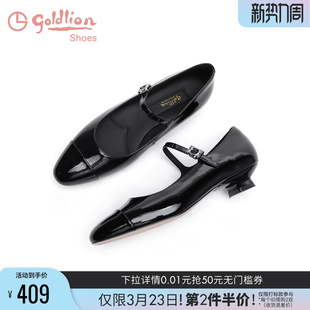 金利来低跟玛丽珍单鞋女春季新款时尚圆头浅口黑色不累脚猫跟单鞋