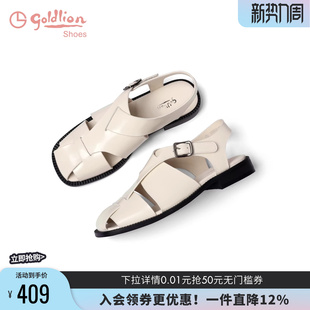 真皮透气镂空平底休闲猪笼鞋 金利来罗马凉鞋 女鞋 新款 女 女2025夏季