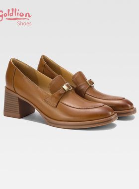 金利来高跟乐福鞋女2026新款棕色深口真皮单鞋通勤一脚蹬小皮鞋SJ