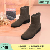 金利来女鞋 黑色绒面妈妈女靴舒适百搭保暖加绒休闲坡跟短靴女 冬季