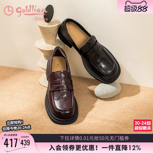 【蜜蜂欢乐社】金利来黑色小皮鞋女通勤羊皮圆头百搭粗跟乐福鞋