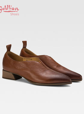 金利来低跟深口单鞋复古擦色尖头一脚蹬小皮鞋女粗跟真皮及裸鞋SJ