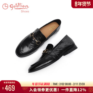 金利来女鞋2025秋季英伦平底小皮鞋圆头百搭黑色手抓羊皮乐福鞋女