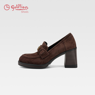 金利来粗跟乐福鞋女高跟磨砂羊反绒单鞋棕色圆头复古厚底小皮鞋SJ