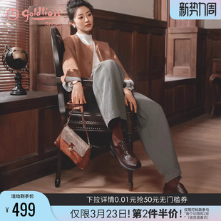 金利来牛津单鞋女2025秋季新款女鞋布洛克雕花羊皮粗跟英伦小皮鞋