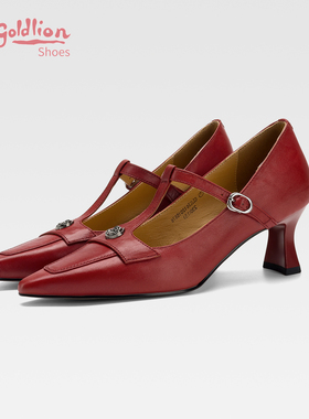 金利来细跟高跟鞋红色猫跟单鞋尖头小皮鞋职场通勤浅口玛丽珍鞋SJ