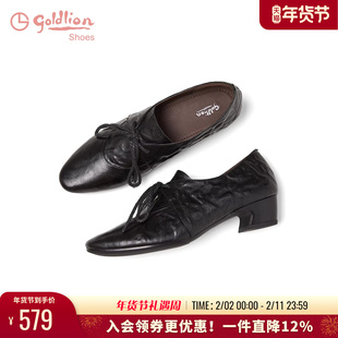 金利来深口单鞋女2025秋季新款粗跟方头系带真皮通勤百搭中跟皮鞋