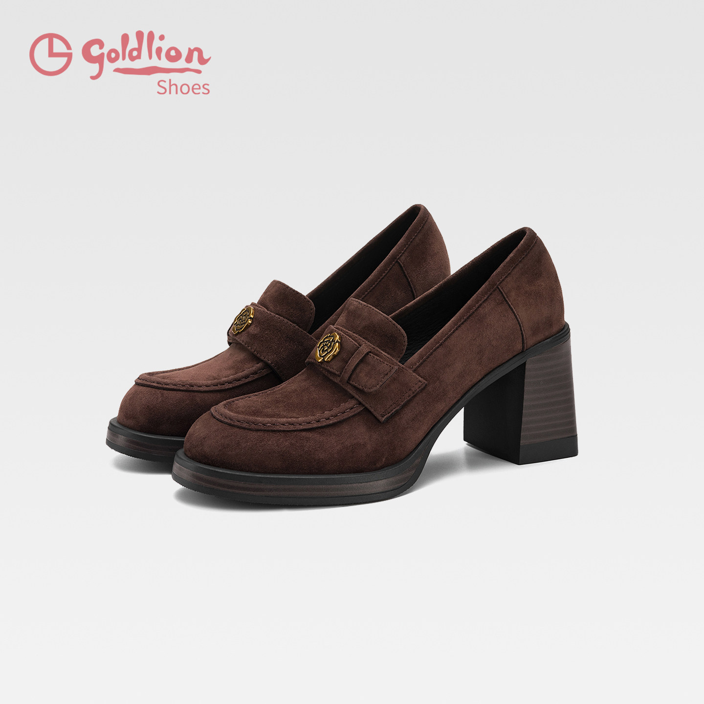 金利来粗跟乐福鞋女高跟磨砂羊反绒单鞋棕色圆头复古厚底小皮鞋SJ