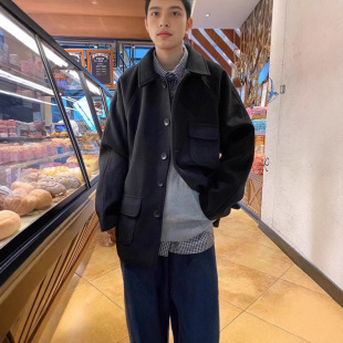 秋冬新款 休闲外套复古潮流翻领呢子夹克上衣服 毛呢大衣男短款